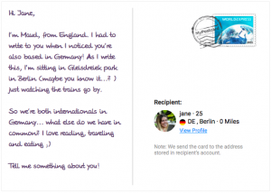 An example on a postcard template of how to write a letter to a pen pal your first time round.