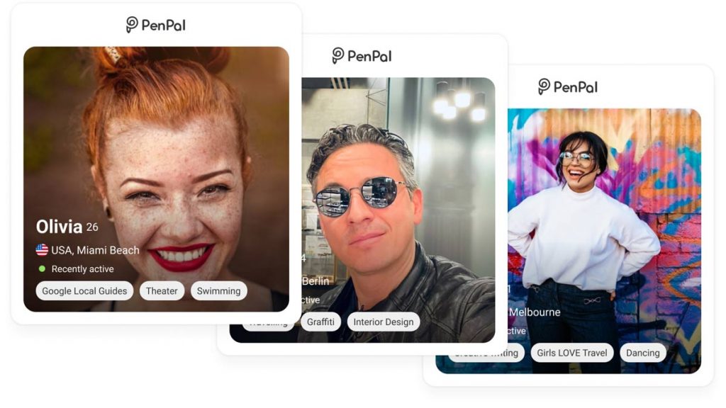 Three real user profile previews from the PenPal platform