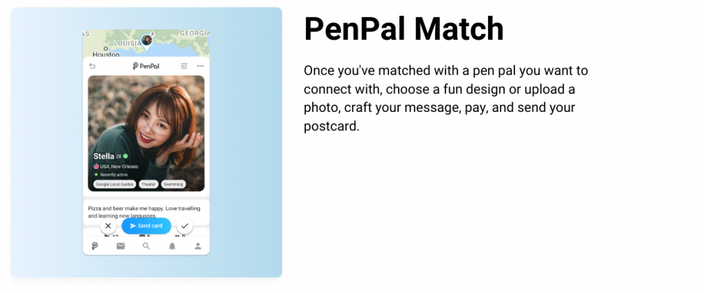 PenPal profile of a girl with a description of how PenPal match works