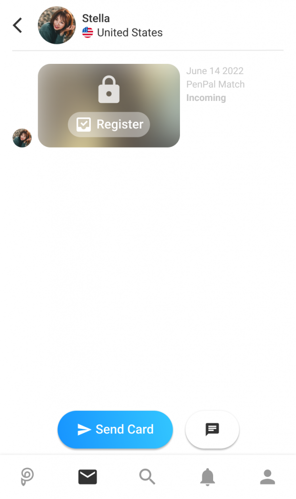 Screenshot of an unlocked PenPal messenger in which the other person already sent a postcard